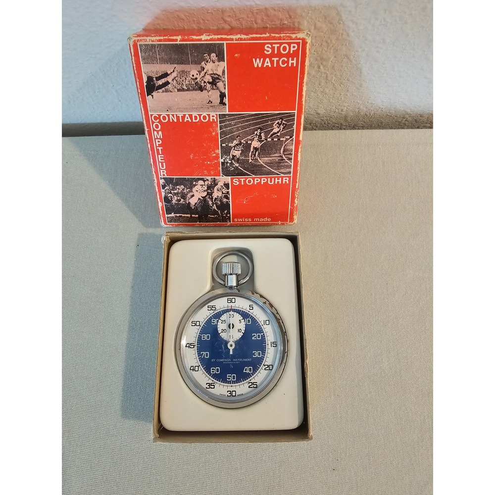 Compass Instrument Swiss Made Stopwatch Blue White Dial Vintage Original Box
